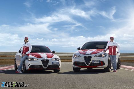 Antonio Giovinazzi, Kimi Raikkonen, Alfa Romeo Giulia Quadrifoglio and Stelvio Quadrifoglio “Alfa Romeo Racing” special editions, 2019