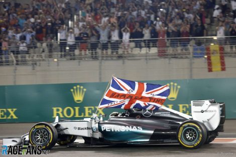 Lewis Hamilton celebrating his second Formula 1 world championship win in 2014