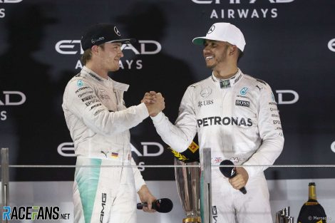 Nico Rosberg and Lewis Hamilton on the podium at Yas Marina in 2016
