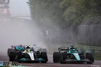 Lewis Hamilton, Mercedes, battles Lance Stroll, Aston Martin, for position, Imola, 2022