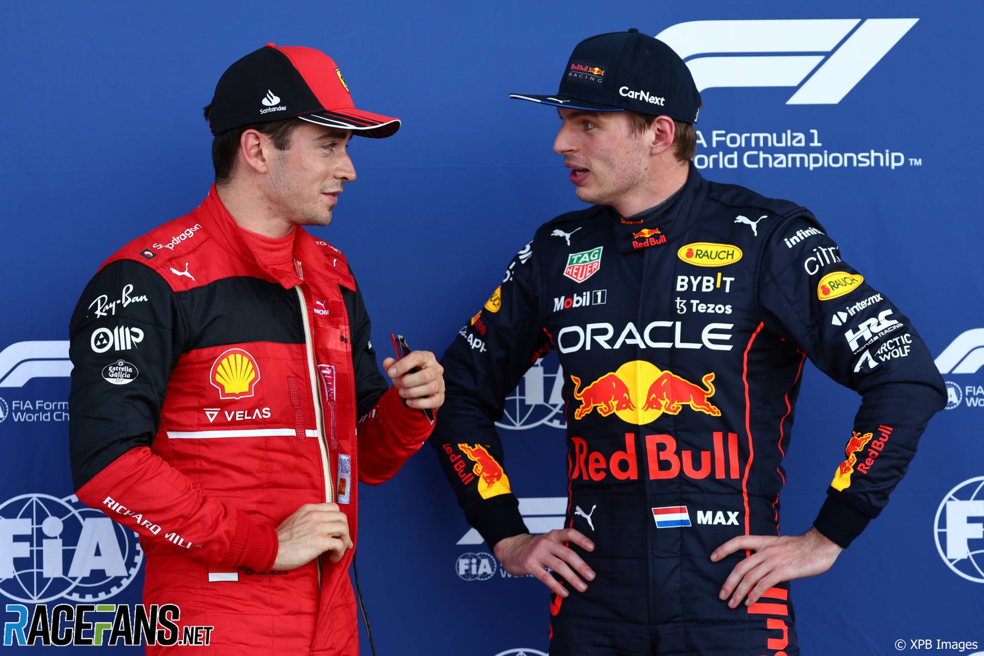 (L to R): Charles Leclerc, Ferrari; Max Verstappen, Red Bull, Miami International Autodrome, 2022