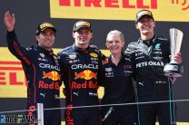 (L to R): Sergio Perez, Max Verstappen, Red Bull; George Russell, Mercedes; Circuit de Barcelona-Catalunya, 2022