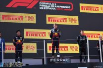 (L to R): Sergio Perez, Max Verstappen, Red Bull; George Russell, Mercedes; Circuit de Barcelona-Catalunya, 2022