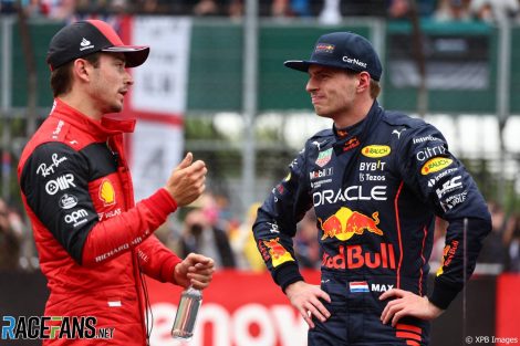 (L to R): Charles Leclerc, Ferrari; Max Verstappen, Red Bull; Silverstone, 2022