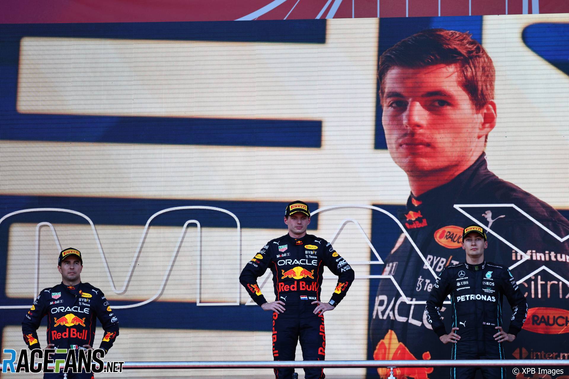(L to R): Sergio Perez, Max Verstappen, Red Bull; George Russell, Mercedes; Baku Street Circuit, 2022