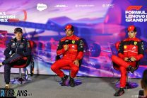 (L to R): Max Verstappen, Red Bull; Carlos Sainz Jr, Charles Leclerc, Ferrari; Silverstone, 2022