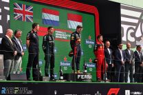 (L to R): George Russell, Mercedes; Max Verstappen, Red Bull; Charles Leclerc, Ferrari; Circuit Zandvoort, 2022